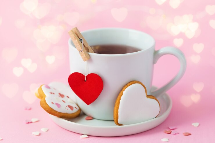 Fondo de San Valentín con luz bokeh. Taza de té con corazón rojo y galletas