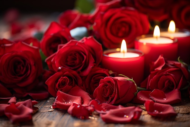 Fondo de san valentín con rosas rojas y velas en la mesa de madera
