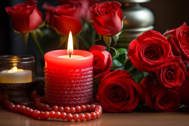 Fondo de san valentín con rosas rojas y velas en la mesa de madera