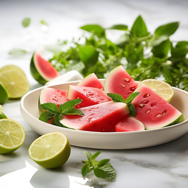 Foto fondo de sandía, rebanadas de fruta y limonada