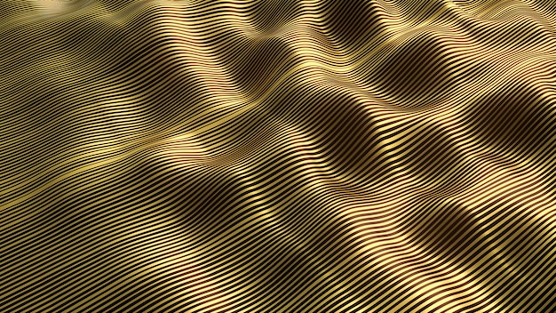 Fondo de satén dorado Líneas de onda de oro abstractas Cortinas de textura Fondo de oro de lujo Representación 3d