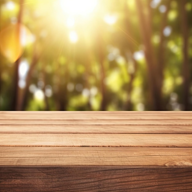 Un fondo de selva borroso complementa la mesa de madera para la exhibición de productos IA generativa