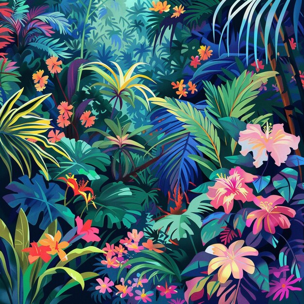 fondo de la selva tropical con flores y hojas generativo ai