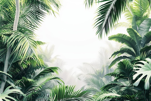 El fondo de la selva tropical con hojas de palma y monstera de color verde exuberante crea un marco natural con un centro de niebla blanca suave