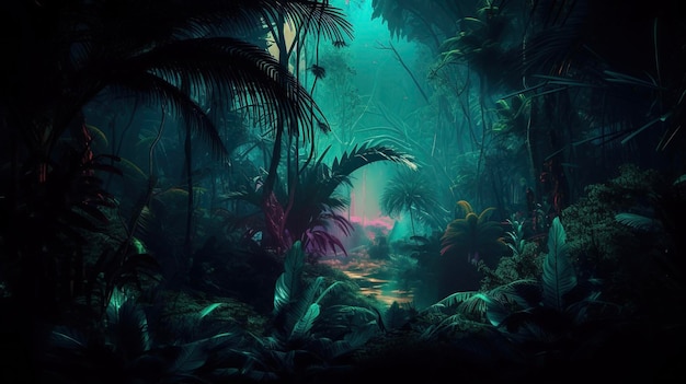 Fondo de selva tropical nocturna Selva tropical colorida atmosférica