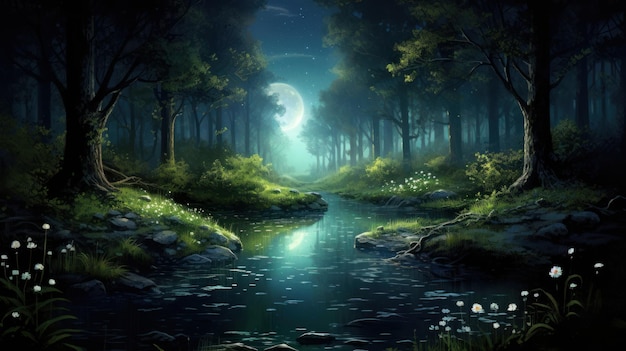 El fondo sereno del bosque iluminado por la luna