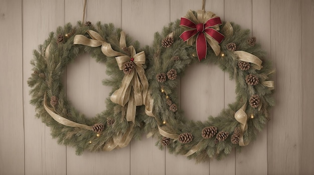 Foto fondo de shiplap horizontal con una sola corona de navidad colgada en el medio generativo ai