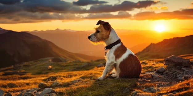 Fondo de silueta de un hermoso y feliz jack russell terrier perro mascota Verano atardecer amanecer paisaje banner Perro viajando y caminando