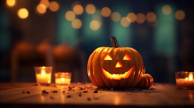 Fondo de símbolo de Halloween de Jack o linterna Calabazas en tablero de madera AI generativo