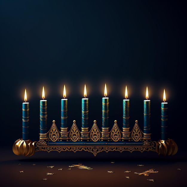 Fondo de símbolo de hanukkah feliz con velas encendidas en menorá sobre fondo azul ai generativo