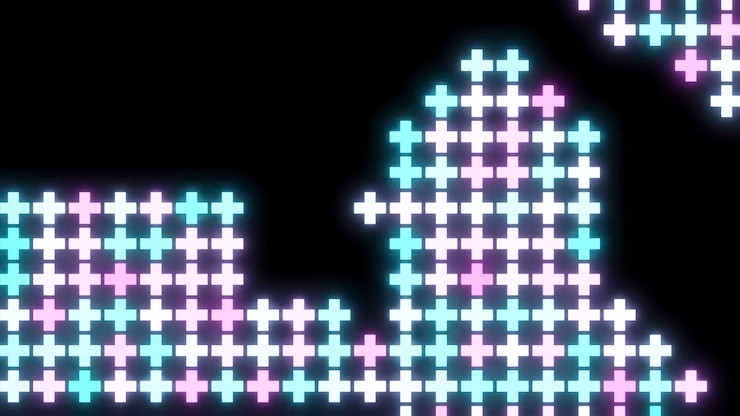 Foto fondo con símbolos de mosaico que se mueven sobre fondo negro diseño de neón pluses se mueven en estilo retro