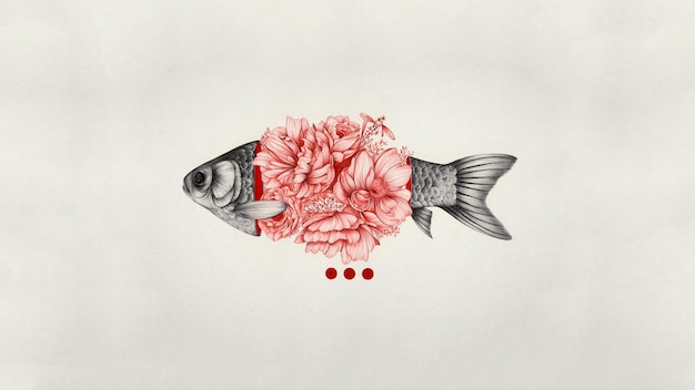 fondo simple flores de peces arte digital minimalismo pescado gris con ilustración de flores rosas