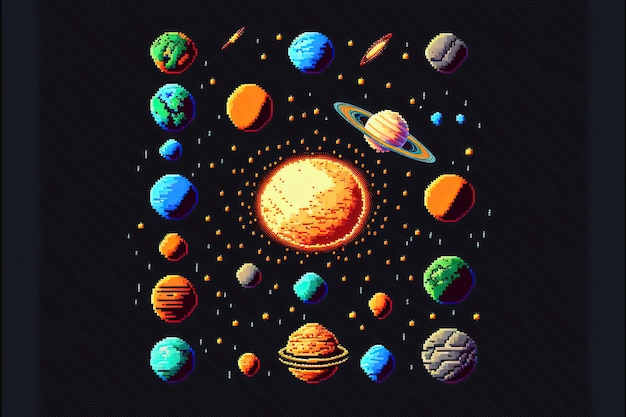 Fondo del sistema planetario de arte de píxeles en estilo retro para el juego de 8 bits AI generativa