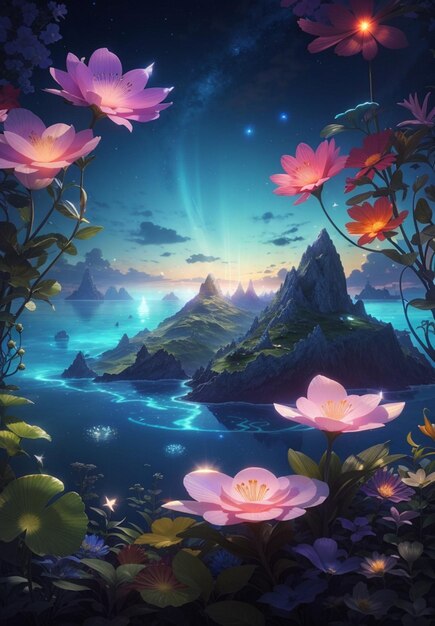 fondo de un sitio web sobre las islas celestiales flora luminiscente mística