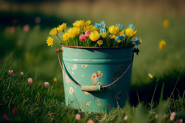 Fondo soleado de primavera con un cubo de flores silvestres Ilustración Generativa AI