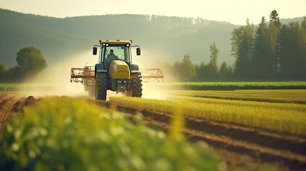 En un fondo soleado, el tractor rocía pesticidas en el campo La IA generativa