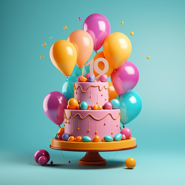 fondo sólido con globos y pastel