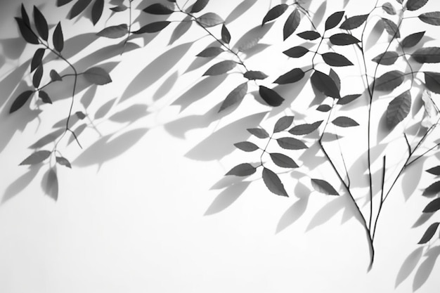 Fondo de sombra gris abstracto de rama de árbol de hojas naturales cayendo sobre textura de pared blanca