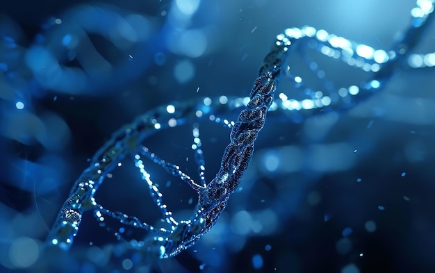 Fondo sombreado de luz azul con cromosomas de ADN y un espacio de doble hélice IA generativa