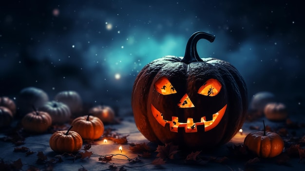 Fondo sombrío de Halloween con calabazas espeluznantes Mansión embrujada de Halloween espeluznante Casa malvada por la noche