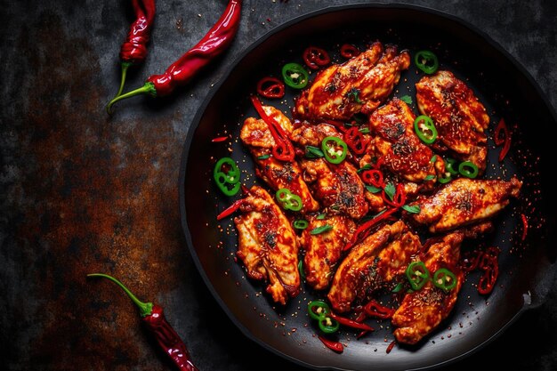 En un fondo sombrío, el pollo coreano está rematado con aceite rojo y chiles