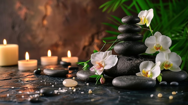 Fondo del spa con piedras de masaje y flores exóticas