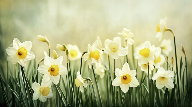 Un fondo suave y ligero de la naturaleza primaveral con flores de narciso en el jardín