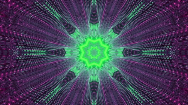 Fondo surrealista abstracto simétrico que brilla intensamente con luces de neón verdes y púrpuras brillantes