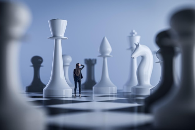 Fondo de tablero de ajedrez blanco borroso Concepto de liderazgo y trabajo en equipo de éxito Representación 3D