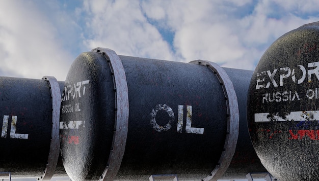 Fondo del tanque de petróleo del tanque de petróleo ruso Bandera de Rusia en las sanciones del tanque sobre el petróleo ruso