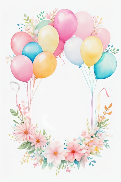 Fondo de tarjeta de felicitación de boda o cumpleaños de acuarela con globos y flores