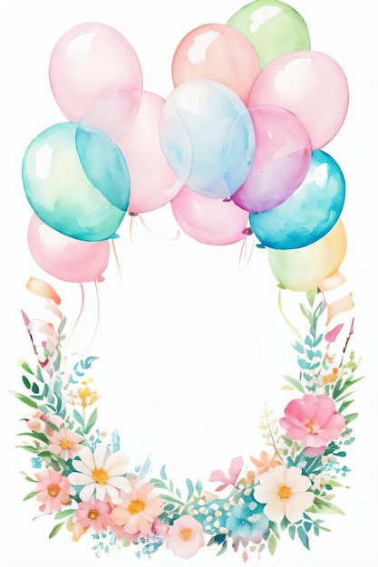 Fondo de tarjeta de felicitación de boda o cumpleaños de acuarela con globos y flores