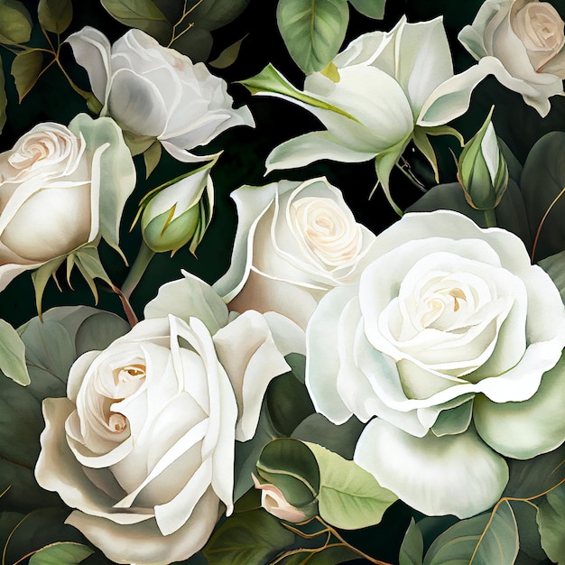 Fondo de tarjeta de felicitación de flores rosas blancas acuarela IA generativa