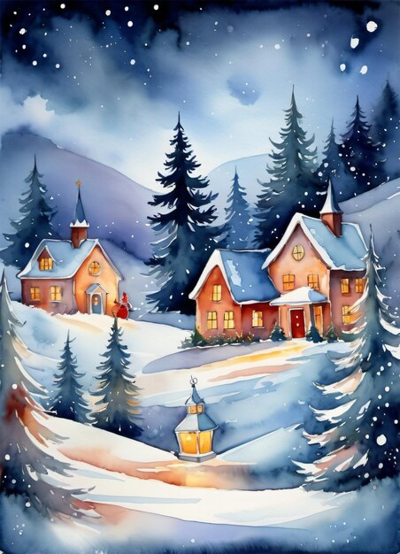 Fondo de tarjeta de saludos de ilustración de invierno de Navidad acuarela