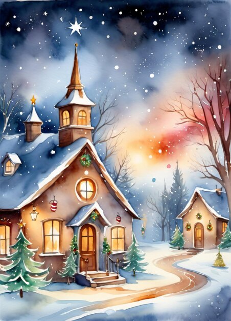Fondo de tarjeta de saludos de ilustración de invierno de Navidad acuarela