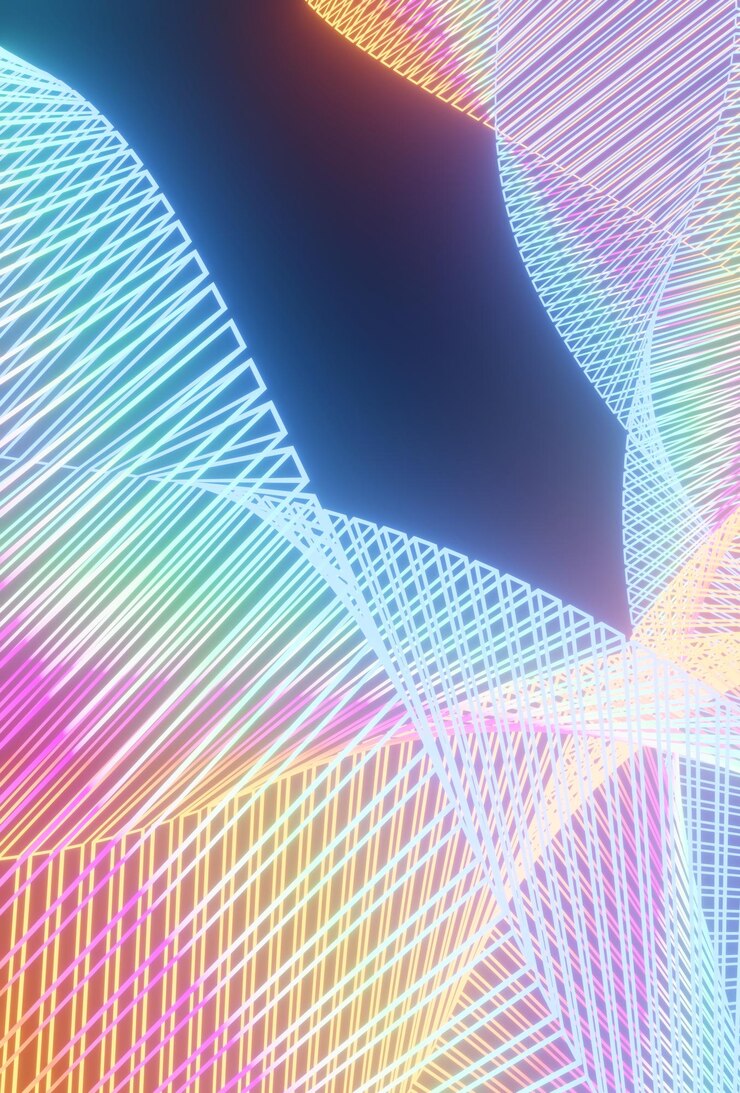Foto fondo de tecnología abstracta de forma de neón brillante geométrico procedimental naranja y azul representación 3d curvas de neón en forma de formas geométricas fondo 3d colorido abstracto ultra amplio
