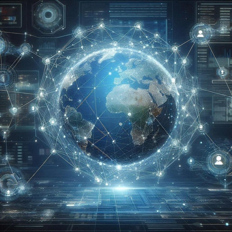 Fondo de tecnología abstracta un mundo con un fondo azul y un mapa del mundo