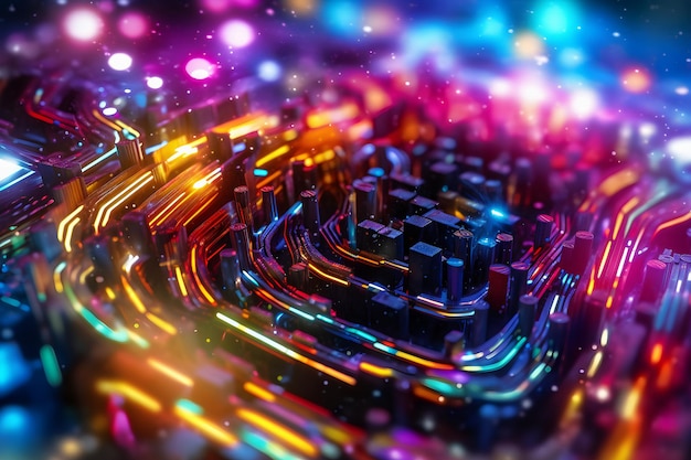 Fondo de tecnología abstracta con partículas y líneas de neón brillantes