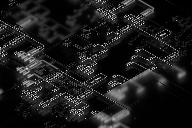 Fondo de tecnología abstracta de procesamiento 3D. Ilustración del concepto de datos grandes. Los decimales están conectados en un gráfico analítico.