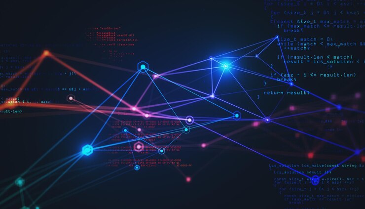 Foto fondo de tecnología abstracta con puntos de líneas triangulares brillantes digitales y fragmento de codificación concepto de tecnología de internet representación 3d
