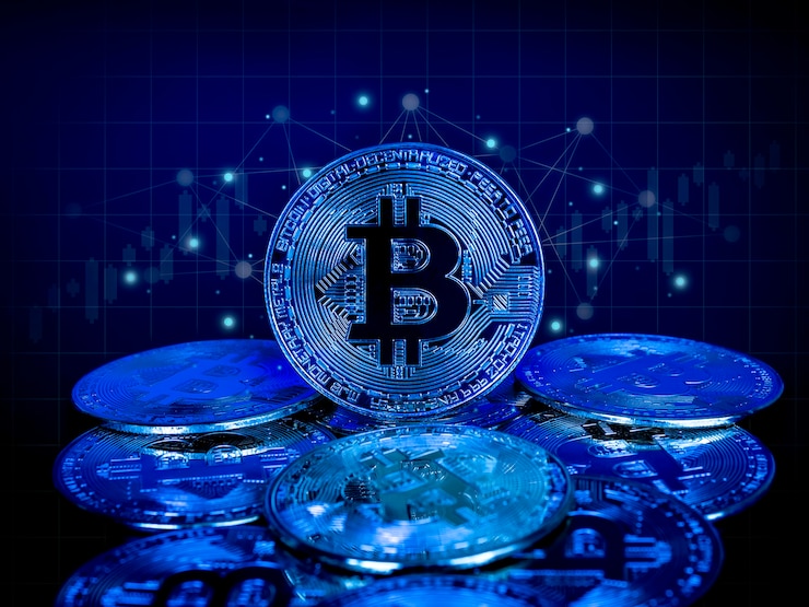 Foto fondo de tecnología bitcoin. bitcoin de tono azul con transferencia de red sobre fondo oscuro, concepto de inversión en criptomonedas. fondo financiero de la moneda de la moneda del futuro digital.