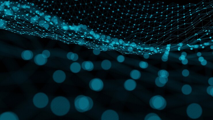 Foto fondo de tecnología con estructura digital de renderizado 3d en patrón de onda azul neón