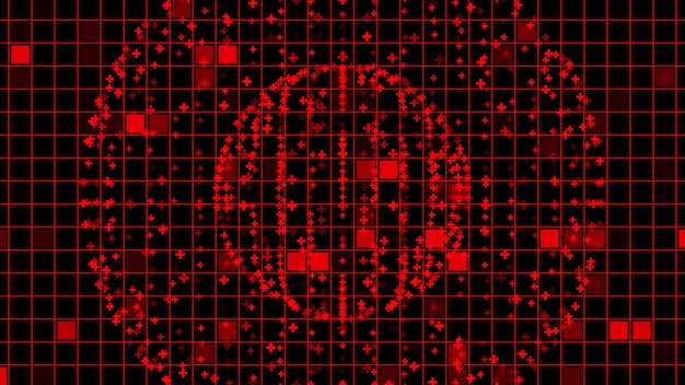 Fondo de tecnología fractal con cuadrados rojos brillantes en fondo de matriz de código de transmisión negro