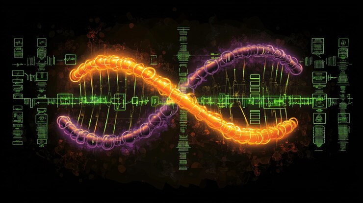 Foto fondo de tecnología futurista de doble hélice de adn brillante