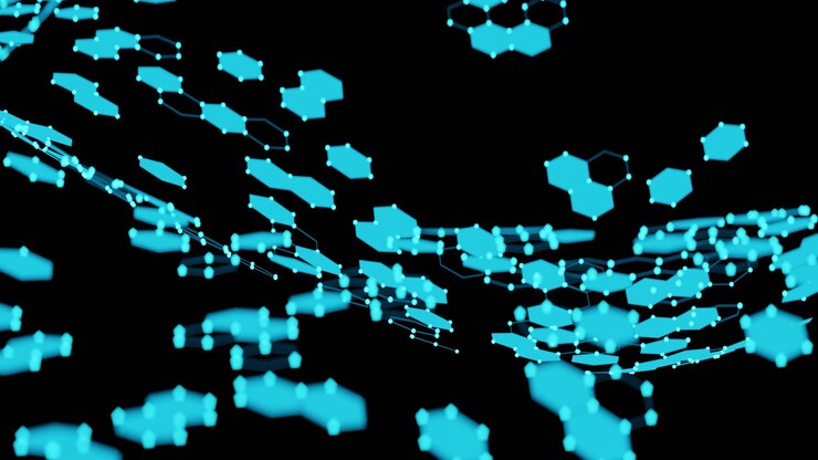 Foto fondo de tecnología hexagonal con estructura digital representación 3d en patrón de onda azul neón