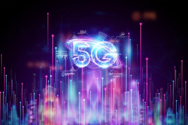 Fondo de tecnología móvil creativa holograma 5G. Concepto de red 5G, internet móvil de alta velocidad, redes de nueva generación. Técnica mixta. Render 3D, ilustración 3D.