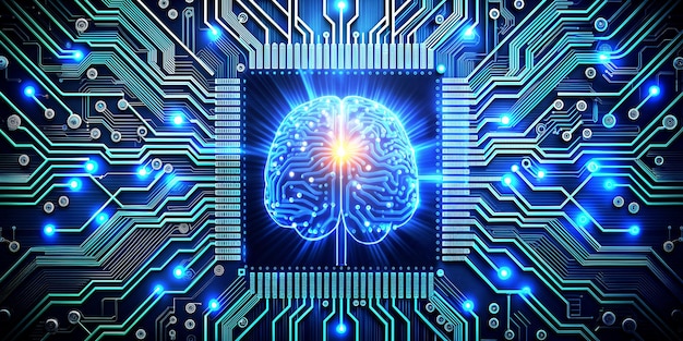 Fondo de tecnología de placas de circuitos futuristas con procesadores centrales de computadora y símbolo cerebral
