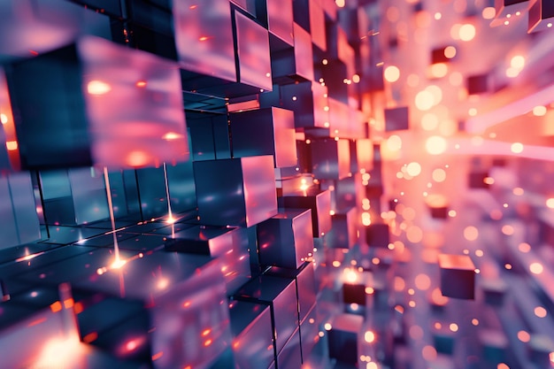Fondo tecnológico abstracto con cubos brillantes que forman un túnel de transferencia de datos con profundidad de campo