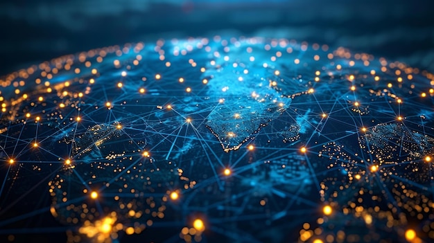 Fondo tecnológico azul conectividad global de datos amplia seguridad cibernética futurista red digital noche conexiones vibrantes IA generativa