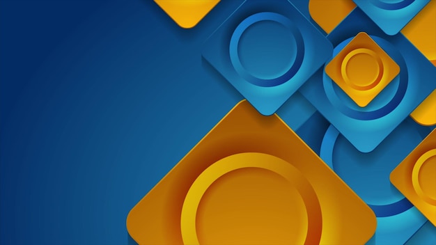 Fondo tecnológico geométrico azul naranja con círculos y cuadrados brillantes